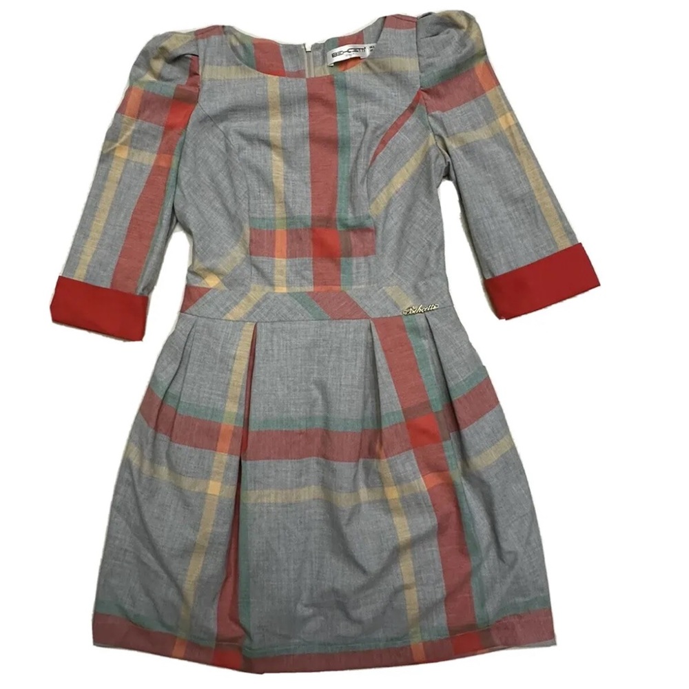 Behcetti Italia Designer Dress Gray A-line Plaid W/1/2 sleeve and collared neck